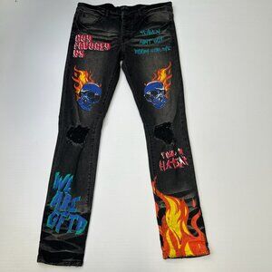 GFTD Jean Men 36 Distress Flame Skull Streetwear Button Fly Hype Graphic Core